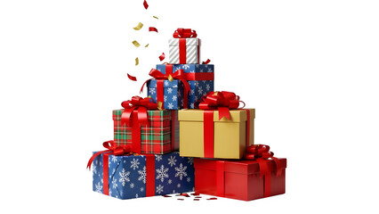 Obraz premium Stack of Festive Christmas Gift Boxes with Ribbons and Confetti