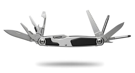 Versatile multi-tool with various folding implements extended on a white background with shadow