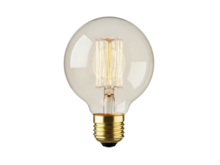Isolated vintage incandescent lightbulb. Edison style lamp glowing with old filament design.