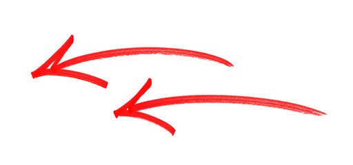 Hand-drawn two different red arrow icons, red arrow marker is isolated on a transparent background.