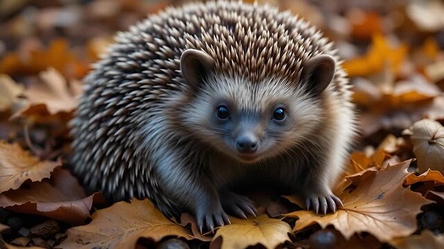 Hedgehog slowly unrolling and blinking while nestled in fallen autumn leaves