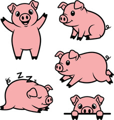 Five Cute Pink Cartoon Pigs In Various Poses And Actions On White Background Keywords: pig, pigs