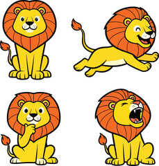 Four cartoon lions in different poses on a white background showing various expressions animal wildlife