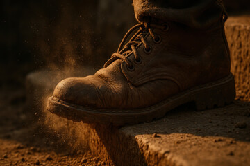 Close up of a worn leather work boot stepping on rough ground.