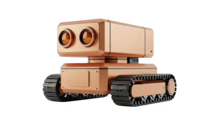 Isolated robot with treadwheels and camera lenses, futuristic technology, studio shot