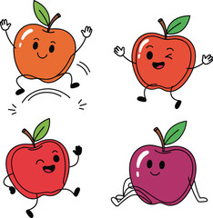 Four happy cartoon apples with faces and limbs jumping and sitting on a white background Keywords