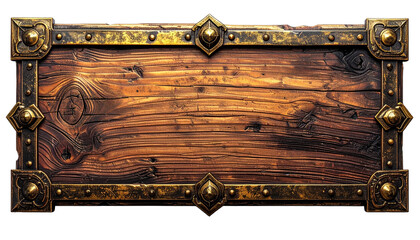 Rustic wooden sign with ornate metal trim, offering a blank, aged surface