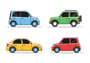 Fototapeta premium Vector Collection of Colorful Flat Design Cars Including Hatchback, Sedan, and SUV, Ideal for Transportation Icons, City Maps, and Automotive Graphics.