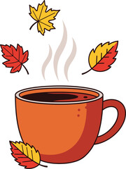 Steaming cup of coffee surrounded by falling autumn leaves on white background Keywords: coffee, cup