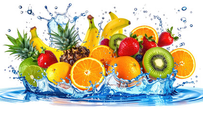 Colorful tropical fruit assortment amidst splashing water creates vibrant, refreshing, and appealing composition