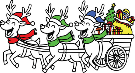 Three cartoon reindeer pulling a Christmas sleigh filled with gifts and a tree Keywords: reindeer