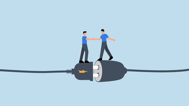 Business connection, 4k animation of businessman partner handshake on connecting electric plug.