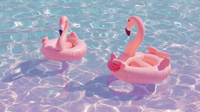 couple of flamingo pool floats drifting in crystal water, surreal pastel lifestyle 