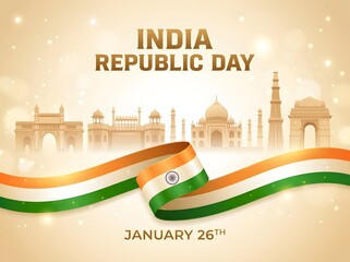 Happy republic day of india with ashoka chakra and famous landmarks.