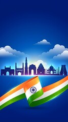 Illustration of famous Indian monuments and indian flag ribbon for Republic Day of India