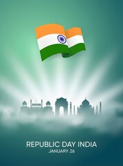 Republic Day of India banner design with wavy flag and famous monuments.