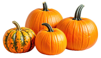 Cluster of four pumpkins in varying sizes, with prominent stems, against a transparent background