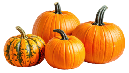 Cluster of four pumpkins in varying sizes, with prominent stems, against a transparent background
