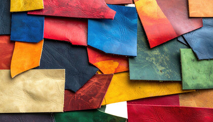 Assorted leather scraps in vibrant hues arranged in overlapping layers creating a textured, colorful surface