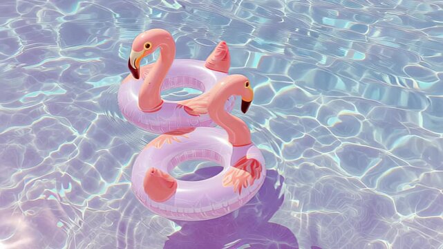couple of flamingo pool floats drifting in crystal water, surreal pastel lifestyle 