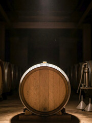 Wooden wine barrel illuminated in dark cellar environment  