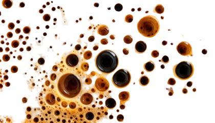 A cluster of small, dark brown spheres with light brown rims float against a stark black background