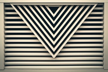 triangular air vent with symmetrical V-shaped slats and geometric lines on off-white background for architectural design and industrial applications