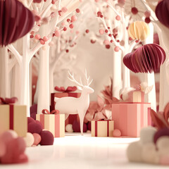 Fondo decorativo que representa la atm&oacute;sfera navide&ntilde;a con est&eacute;tica de papel, dise&ntilde;o pastel y una elegante narrativa festiva. Ciervo blanco rodeado de &aacute;rboles pastel, regalos y adornos colgantes