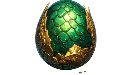 Emerald egg with gold scales, textured surface. Fantasy artifact shimmering in subtle light on black background