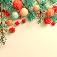 Celebraci&oacute;n de fondo decorativo con est&eacute;tica geom&eacute;trica, espacio compositivo y dise&ntilde;o gr&aacute;fico contempor&aacute;neo. Guirnalda de ramas verdes con adornos poligonales rojos en el borde superior 