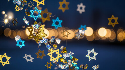 Shimmering Stars of David confetti against a blurred background of lights, perfect for Jewish celebrations