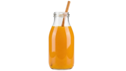 Isolated fruit juice in a glass bottle with straw, orange drink, healthy refreshing beverage