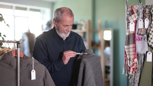Man with a beard stands in a store in an area with a warm winter dress and chooses a knitted jersey sweater. Pensioner buys warm clothes in a shopping center. High quality 4k footage