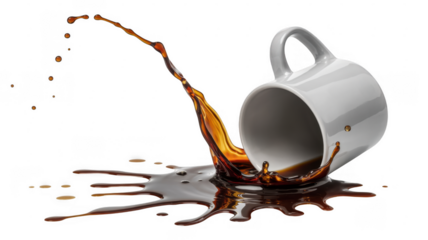 White coffee cup pouring coffee coffee pouring coffee spill isolated on a transparent background