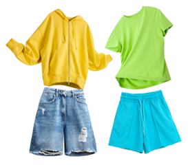 casual summer clothing arrangement with yellow hoodie, green t-shirt, denim shorts, and blue shorts for a colorful and relaxed wardrobe appeal