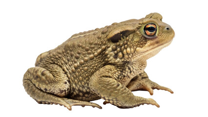 Isolated amphibian reptile of genus bufo, a bumpy textured tropical animal, in studio shot
