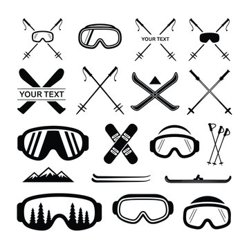 Winter Ski Icon Set Vector Illustration with Ski Poles Goggles Snowboard Crossed Skis Mountain Symbols and Skier Silhouette for Snow Sports Design