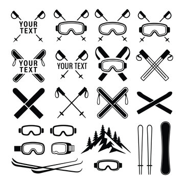Winter Ski Icon Set Vector Illustration with Ski Poles Goggles Snowboard Crossed Skis Mountain Symbols and Skier Silhouette for Snow Sports Design