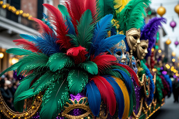 Carnival decorated floats ride down the street in parade party traditional Mardi Gras AI Generative