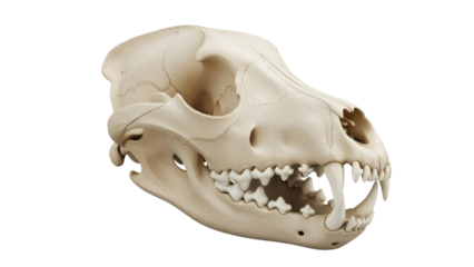 Isolated canine skull, detailed bone structure, sharp teeth, educational anatomy resource