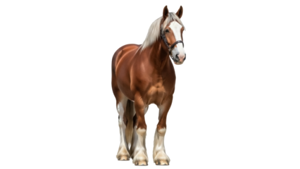 Isolated chestnut draft horse standing, wearing bridle or halter, facing forward, equine