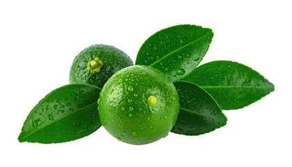 Two green calamansi limes and leaves, adorned with water droplets, against a black backdrop