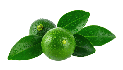 Two green calamansi limes and leaves, adorned with water droplets, against a black backdrop