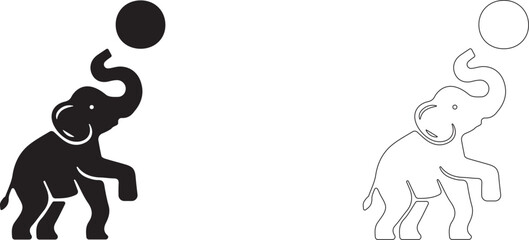 Circus elephant catches a ball with its trunk. Editable vector silhouette.
