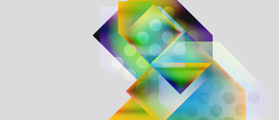 Abstract geometric composition. Overlapping shapes, vibrant colors, translucent layers create dynamic visual effect. Modern design.