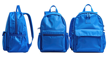 Trio of bright blue backpacks, each a unique design, showcasing different pockets and zippers against a dark background