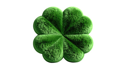 A textured, four-leaf clover with deep green hues, centered on a black background, creating a floating effect