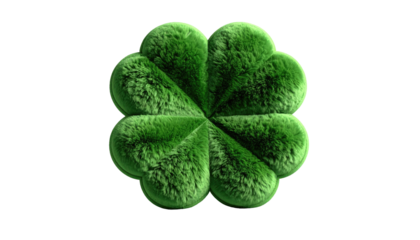 A textured, four-leaf clover with deep green hues, centered on a black background, creating a floating effect