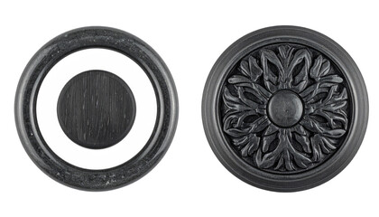 Two circular decorative elements, one with a floral motif and one with a central void, both dark gray