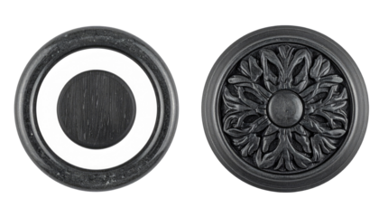 Two circular decorative elements, one with a floral motif and one with a central void, both dark gray